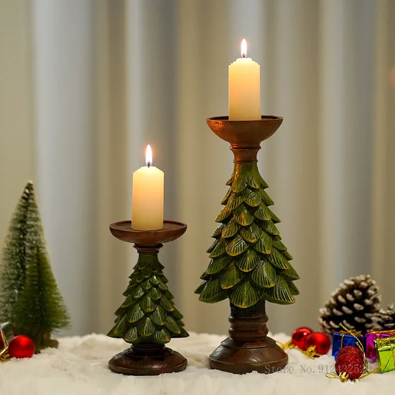 European Christmas Tree Shaped Candle Holder, Home Cafe Theme Desktop Resin Crafts Living Room Decoration, Candlestick Base, 1Pc