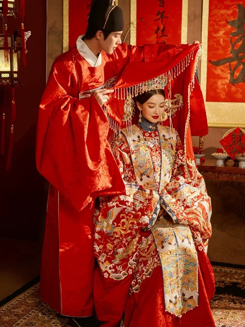 Hanfu ชุดแต่งงานแบบใหม่2024สำหรับผู้ชายและผู้หญิงชุดแต่งงานแบบจีนอุตสาหกรรมหนัก