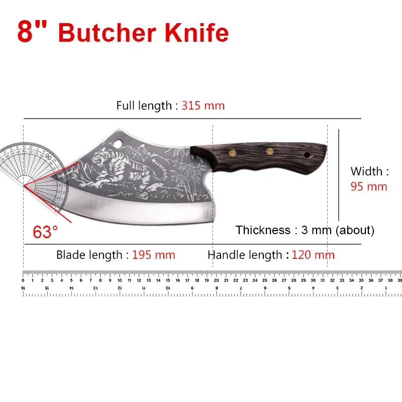 Forged stainless steel tiger grain kitchen knife Cleaver Sharp blade slicing knife Wooden handle axe meat cleaver Kitchen knife