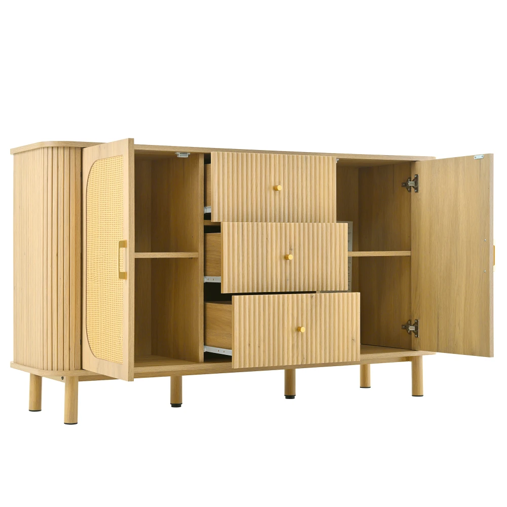 Modernes Sideboard mit vielseitigen Holzoptik-Schubladen, Regalen, Metallbeinen für die Aufbewahrung im Wohnzimmer – Detail 16