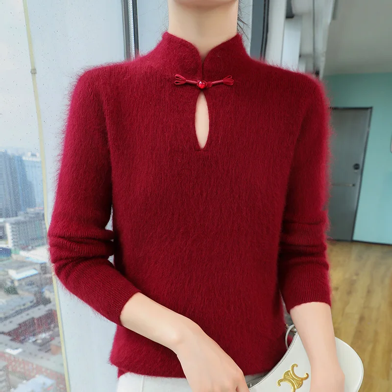 

100% Mink Cashmere Sweatr Autumn/Winter Chinese Style Long sleeves Knitted Pullover Soft Close Fitting Fashionable Versatile Top