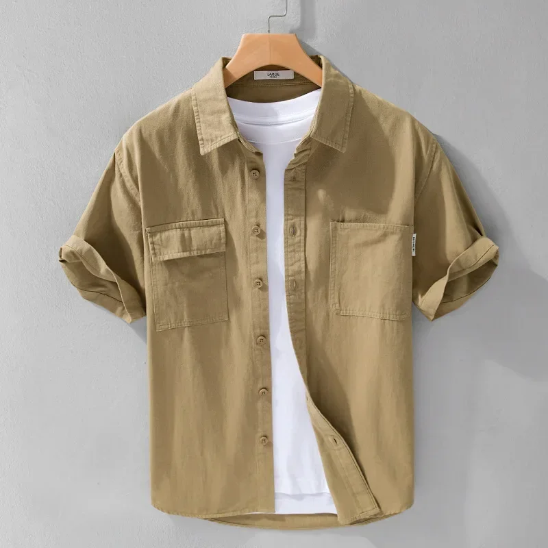 

Korean Style Men Cargo Shirt Summer Casual Workwear Tops Pure Cotton Double Pocket Slim Short Sleeve Shirts Fashion Men Clothing