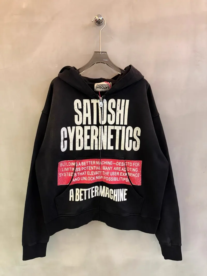 Satoshi Nakamoto Black Zip Up Jacket Men Women Letter Print Casual Oversized Hoodis