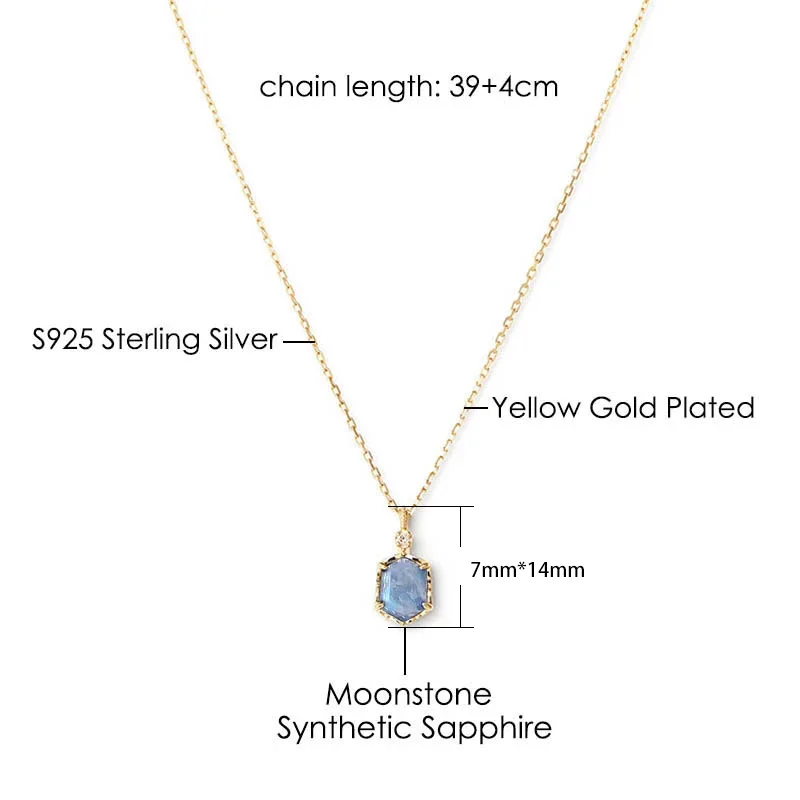 LAMOON 925 Silver Vintage Moonstone Pendant Necklace For Women Mysterious Lake Synthetic Sapphire 14K Gold Plated Jewelry NI133