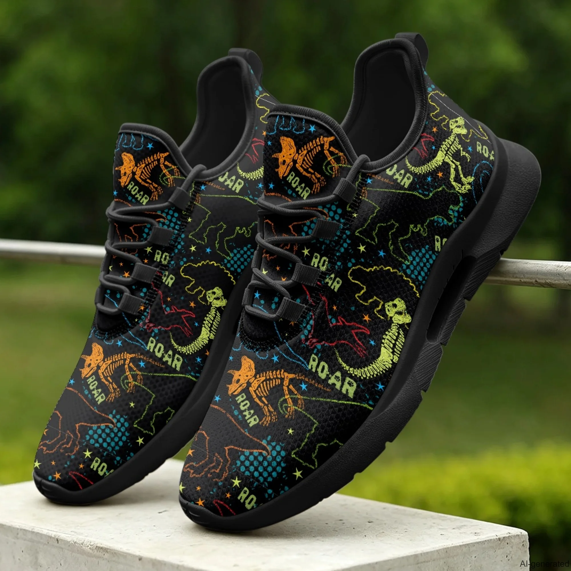 XIXIRIMIDO Lace-up Casual Shoes Men's Sneakers Breathable Mesh Walking Shoes Dinosaur Print Women's Fashion Shoes 35-48