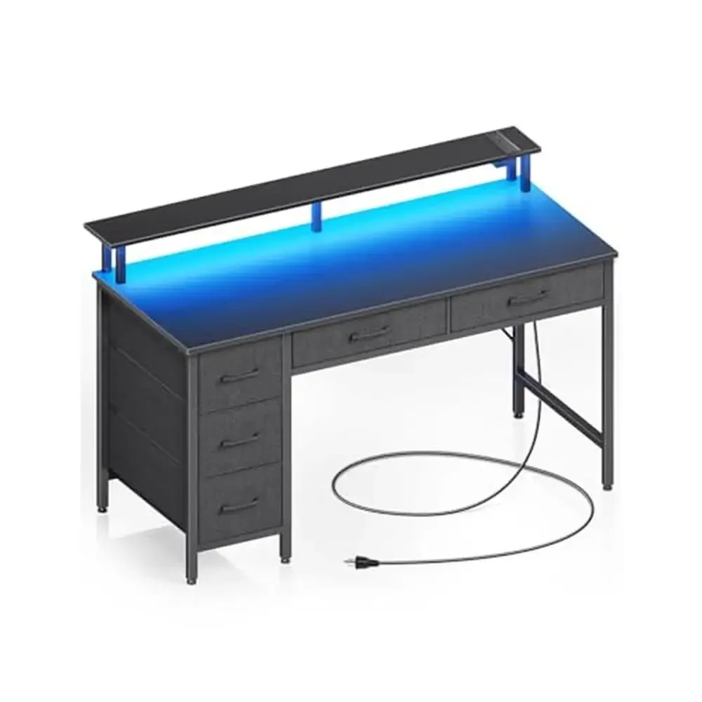 Desk with Power Outlets & LED Light 39" Home Office Writing Desk 5 Drawers Monitor Stand Keyboard Tray Gaming Desk Top Organizer
