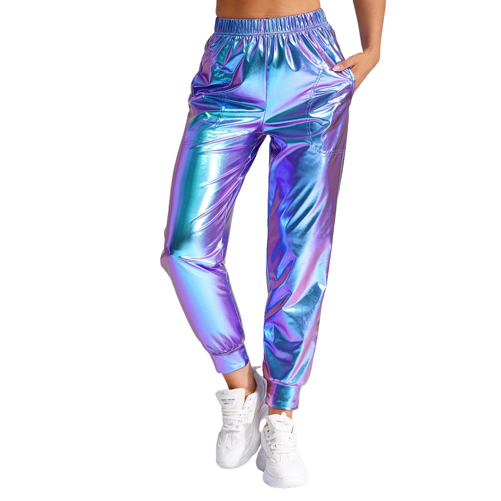 

Women Hip Hop Modern Dance Pants Wet Look High Waist Sport Pants Fashion Holography Metallic Loose Pants Trousers Streetwear