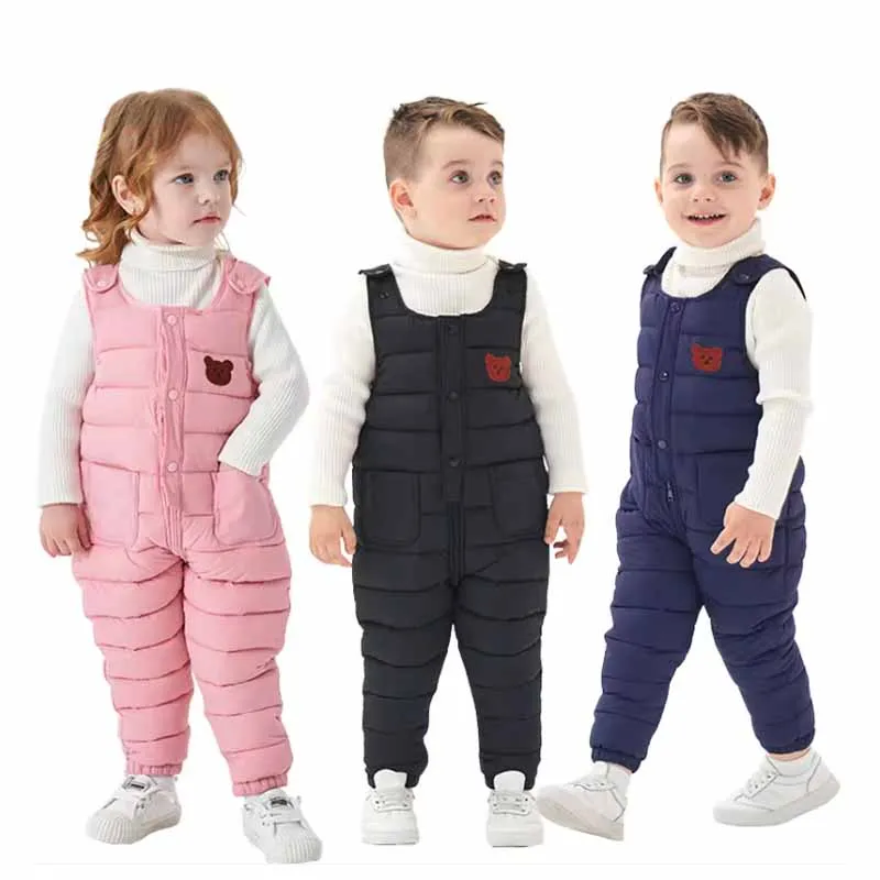 New Kids Thickened Backpack Cotton Trousers Boys Warm Solid Colour Bear Down Pant Autumn Winter Girls Fashion Casual Jumpsuit