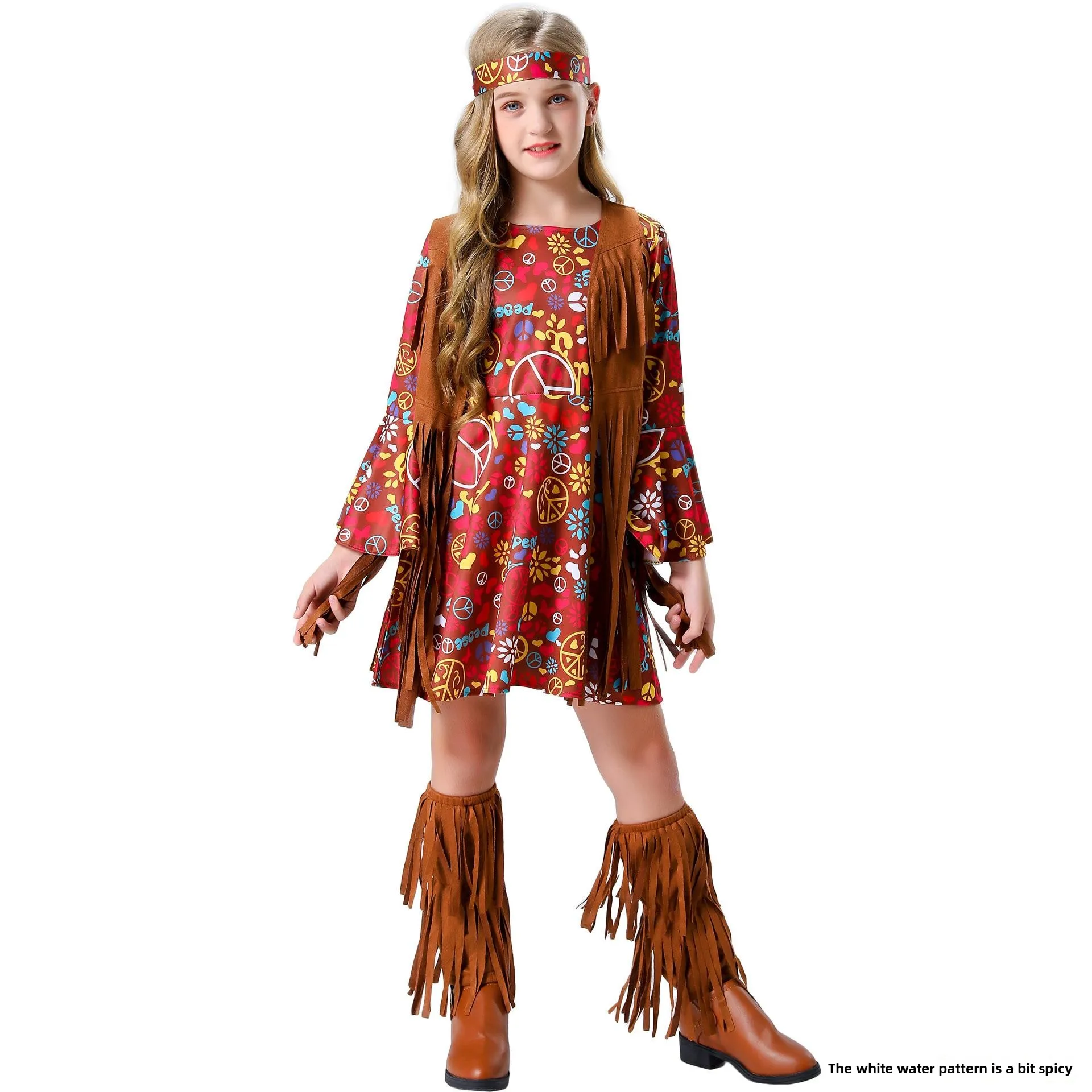 

SXL Music Festival Children's Retro Disco Costume Halloween Girl Print Hippie Tassel Performance Clothes Ethnic Stage Outfits