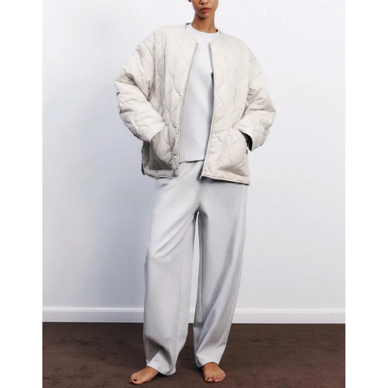 봄 신상 여성 미니멀리스트 스타일 편안한 라운드 넥 지퍼 포켓 장식 코튼 재킷 긴 소매 단색