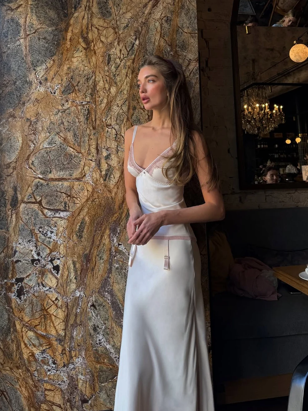 Women Pink Satin Two-piece Skirt Set V-neck Lace Trim Cami Top Asymmetrical Midi Skirt Elegant Coquette Date Trendy Outfits view 6