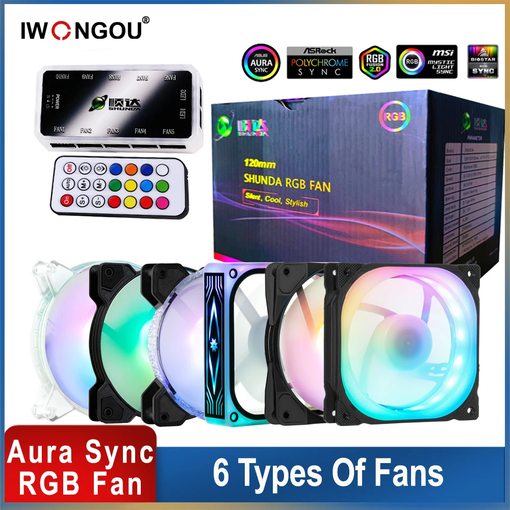 IWONGOU-ventilador de PC RGB 120mm Aura Sync, Enfriador de refrigeración, velocidad ajustable, LED ventinha 12cm, Kit 6 en 1, funda de ordenador, radiador disipador térmico