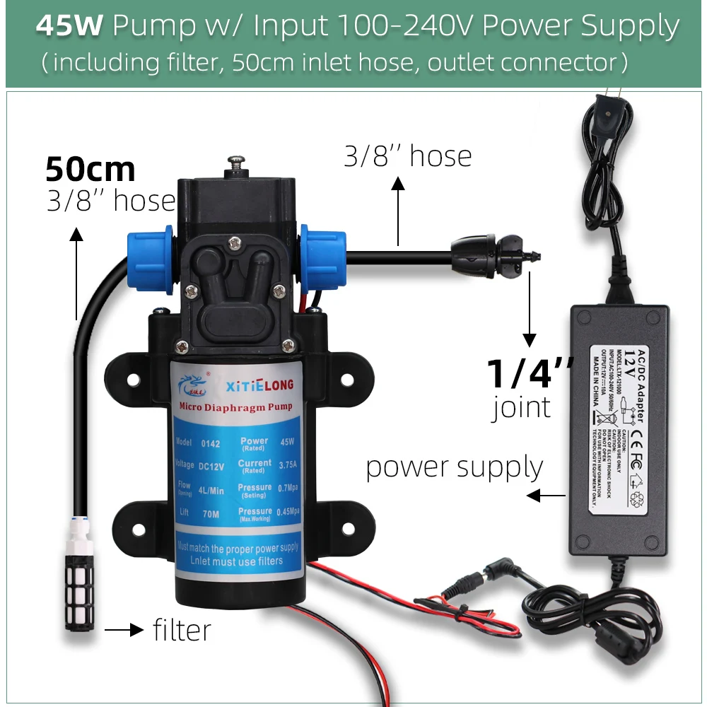 45W Self-Priming Pump Garden Watering Irrigation System 5-30M Kits Power Supply Drip Spray Nozzles for Balcony Yard Greenhouse