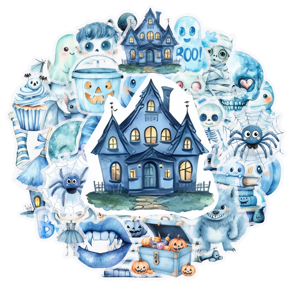 10/30/50pcs Simpatico Cartone Animato Blu Halloween Adesivi Kawaii Fantasma Teschio Decalcomanie per Moto Telefono Valigia PET Adesivo Divertimento per Il Giocattolo