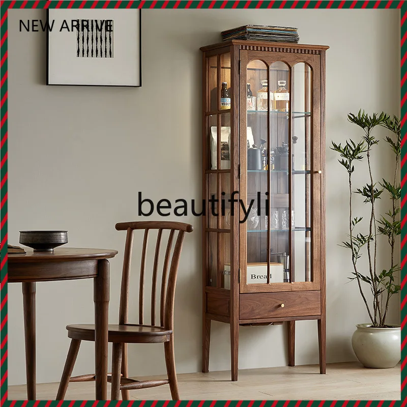 

D2520 North American black walnut retro wine cabinet living room figure display cabinet