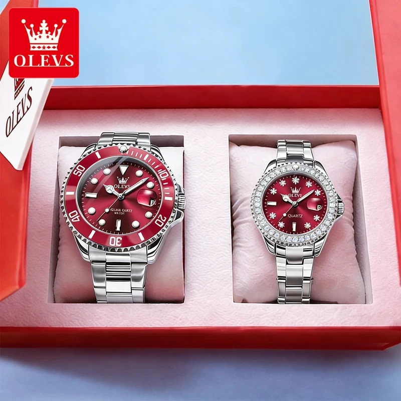 OLEVS Luxury Fashion Stainless Steel Quartz Wristwatch Lover Couple Watches  Waterproof Luminous Big Date Box