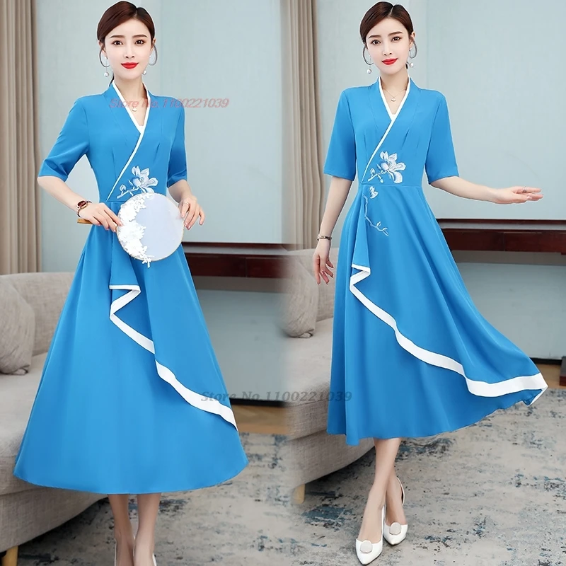 

2025 chinese improved qipao folk dress v-neck cheongsam national flower embroidery a-line qipao oriental banquet evening dress