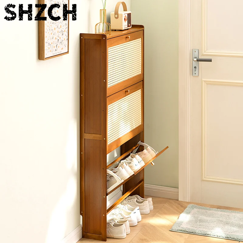 17cm Ultra-Thin Shoe Cabinet for Entryway Space-Saving Flip-Up Shoe Rack Large Capacity Storage Rack Hallway Bamboo Organizer