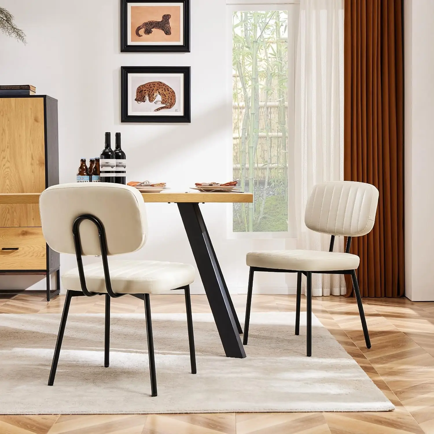 Set of 2 Upholstered Dining Chairs, Mid Century Modern Kitchen Accent Chairs with Faux Leather Cushion & Metal Legs, Beige White