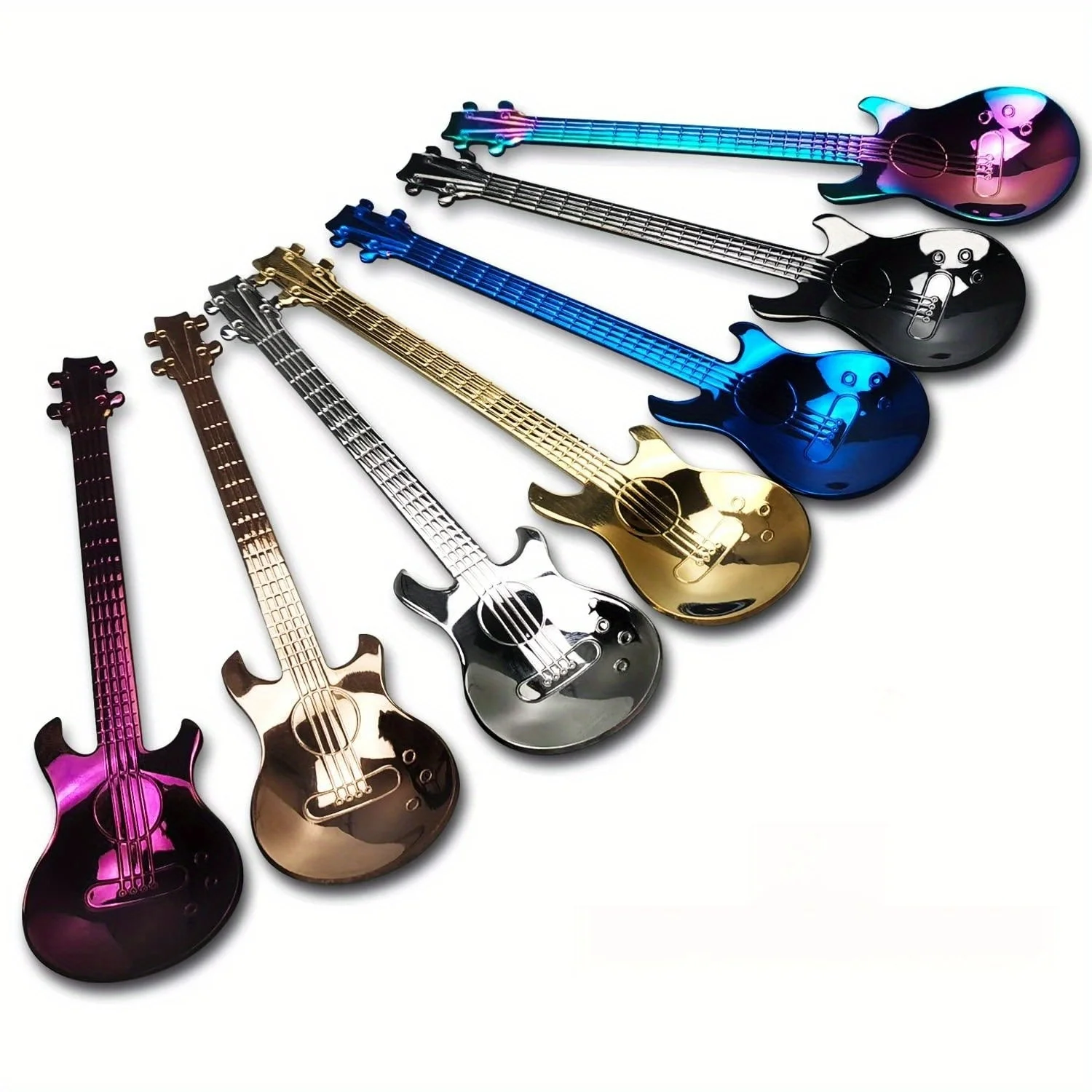6-Piece Guitar Shaped Spoon Random Color, 304 Stainless Steel Creative Color Tableware Set, Suitable for Coffee, Milk, Ice Cream