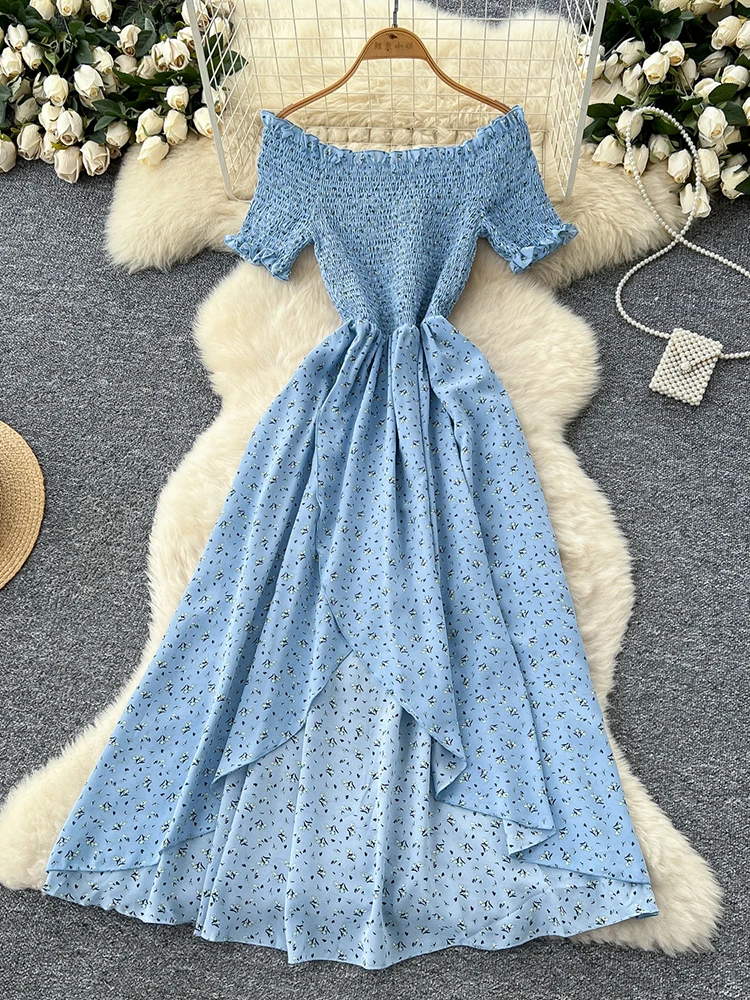 Vestidos de vacaciones en la playa para mujer, novedad de verano, estampado Floral, cuello barco, Sexy, fino, nicho, vestido con volantes irregulares, Famela A515