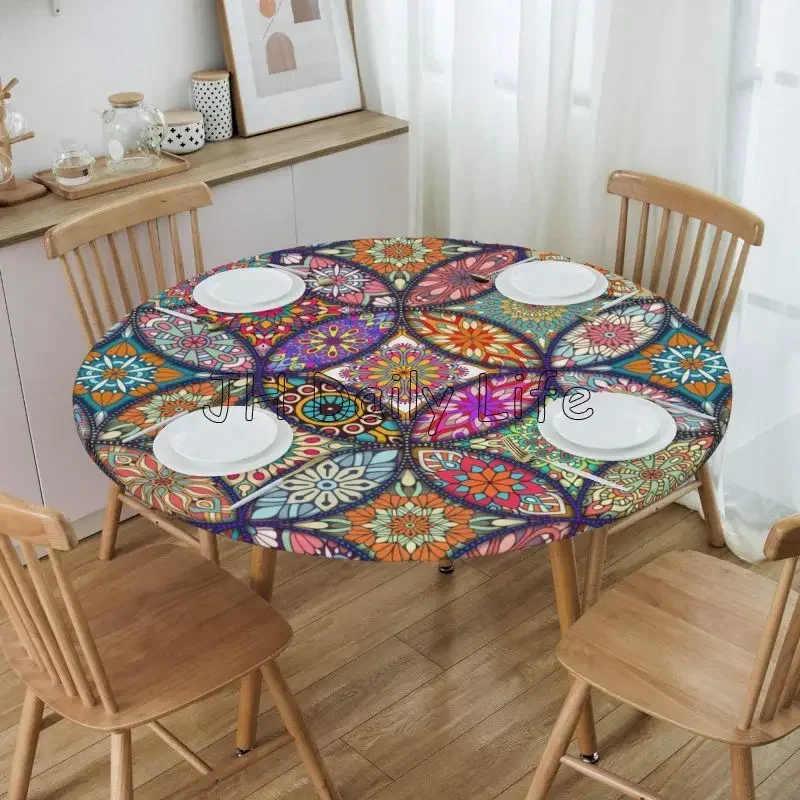 Bohemian Mandala Print Round Fitted Tablecloth with Elastic Edged Waterproof Table Cover for Dining Tables Outside Picnic Garden