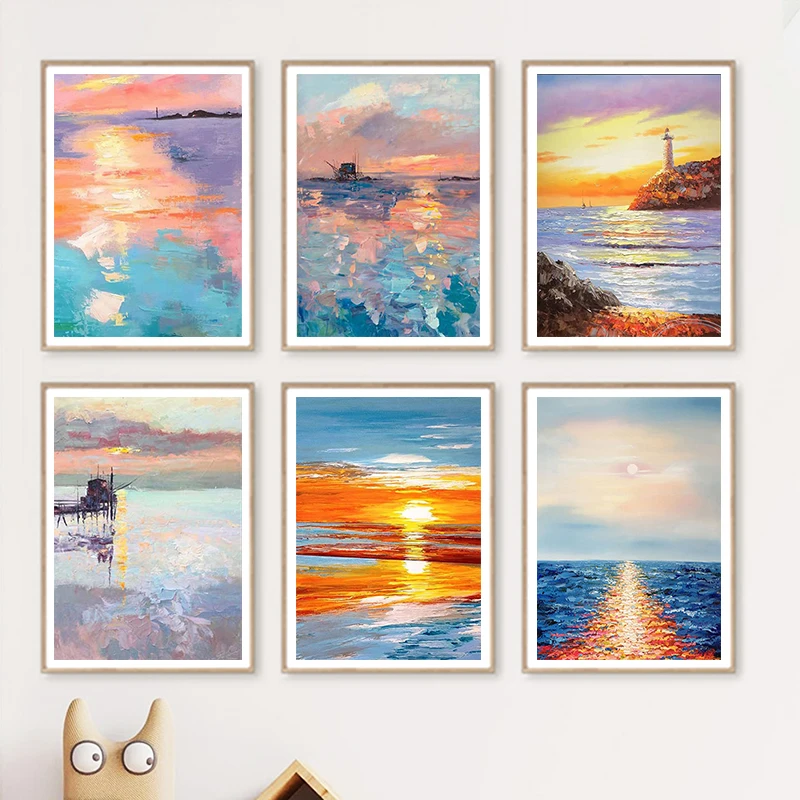 

Modern Abstract Sunrise Natural Scenery Handmade Canvas Oil Painting Hanging Wall Art Picture for Living Room Posters and Print