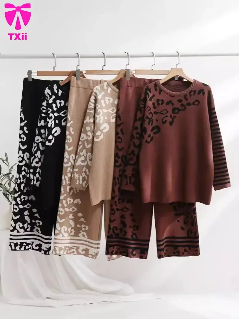 

2024 Casual Pajama Set Women's Striped Flower Knitted Two Piece Set Elegant Women's Knitted Suit Home Clothes Knitted Pants Set