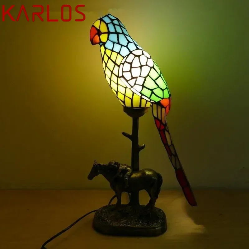 KARLOS  Tiffany parrot Table Lamp Art Living Room Bedroom Children's room Homestay Stained Glass Decoration Desk Lamp