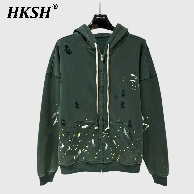 

HKSH Spring Autumn New Men Tide Y2K Punk Distressed Vintage Coats Chic Hoodies Zipper Sweatshirt Loose Chic Casual RO Ins HK6307