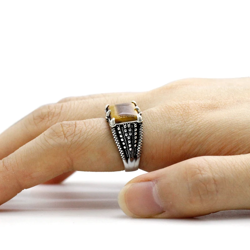 S925 الفضة النقية الرجال اليدوية خاتم حجر عين النمر الطبيعي المرأة ريترو T Ükiye مجوهرات الأزياء هدية حفلة عيد ميلاد #5