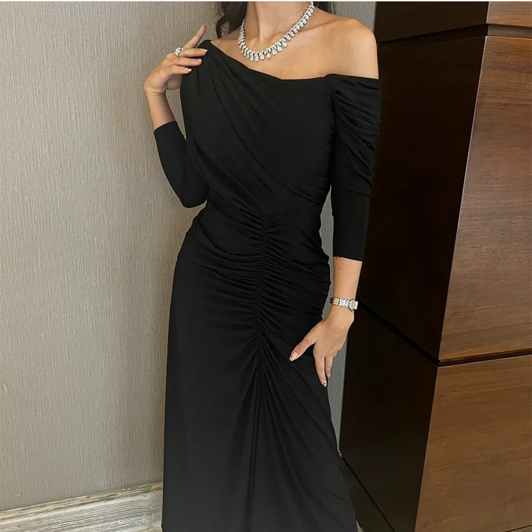 Vestidos de noite preto com pescoço curto feminino, comprimento do tornozelo, vestido de baile plissado, bainha, elegante