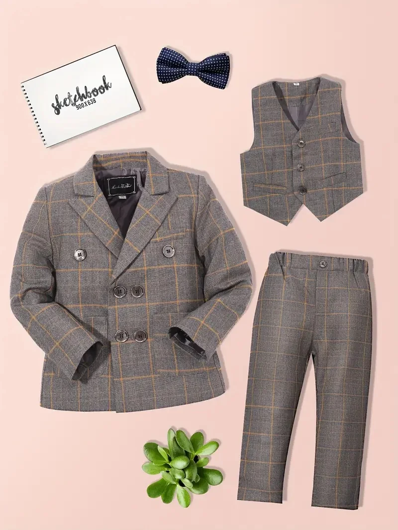 Boys' Elegant 4Pieces Plaid Suit Set with Vest Trousers & Bowtie Kids Formal Blazer Suit for Weddings Performances Formal Events