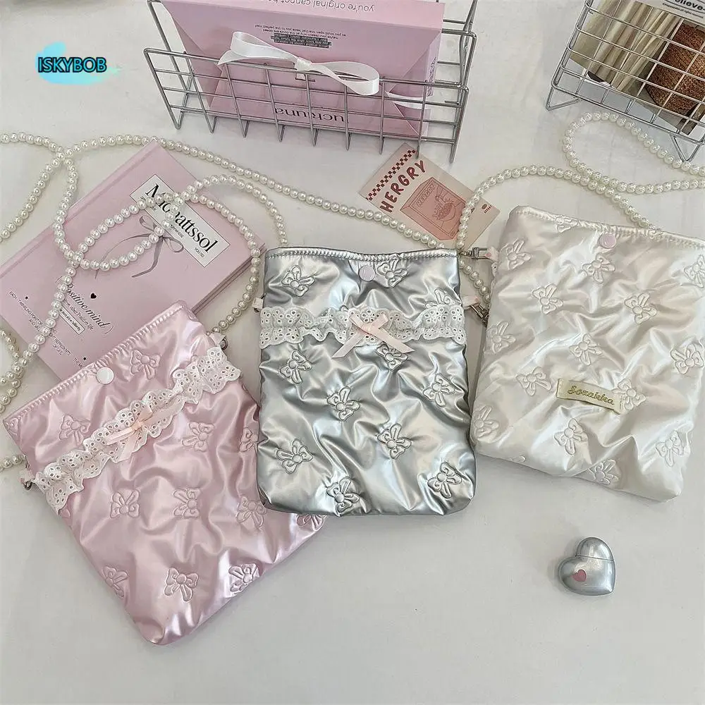 

Простая космическая сумка через плечо с цепочкой из хлопка и жемчуга Love Heart Bow Яркая сумка для телефона из искусственной кожи Однотонная сумка на плечо в корейском стиле Студенческая