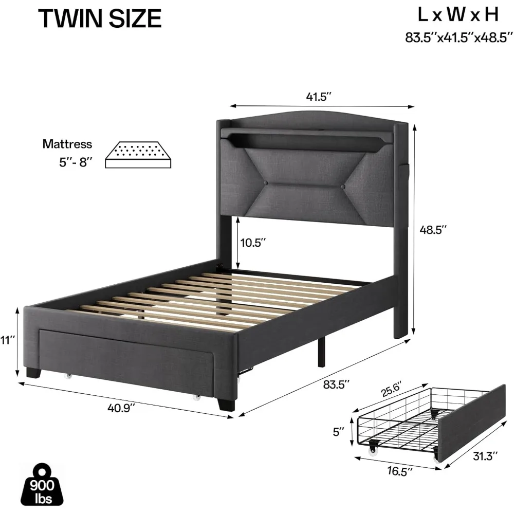 Frames with Storage Headboard, Upholstered Twin Size Bed Frame with Drawers, Charging Station and LED image 2