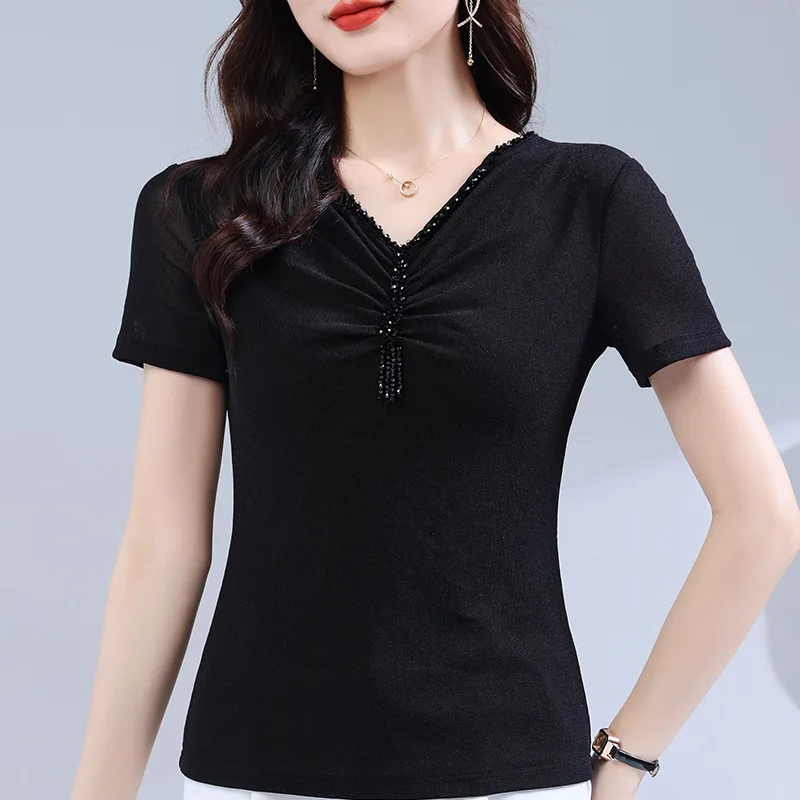 V-Neck Studded Bead T-Shirt, Western Gauze Women\'s Tops Summer Short Sleeved Solid Color Mesh Clothes