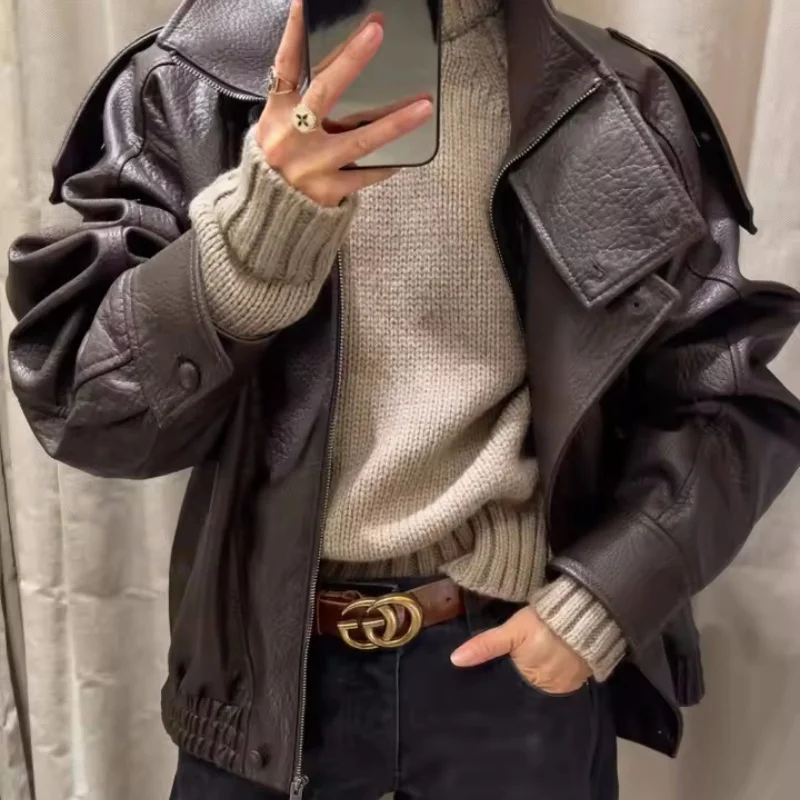 2026 Spring and Autumn New Women's Litchi-Texture Leather Jacket Punk Style Fashionable and Elegant Casual and Versatile