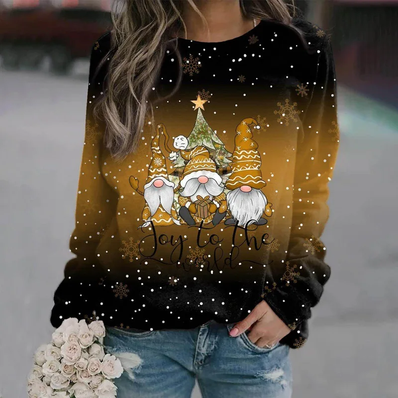 2024 European and American women\'s Christmas themed 3D printed loose knit long sleeved fashionable high-end T-shirt