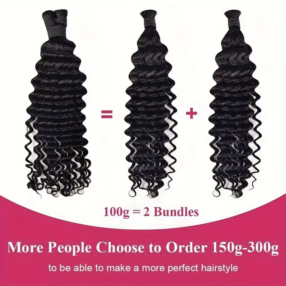 Mèches 100% Naturelles pour Tressage de Cheveux Humains, Deep Wave, Bouclés, en Vrac, Style Boho, 28 Pouces, Lot de 2 ou 4