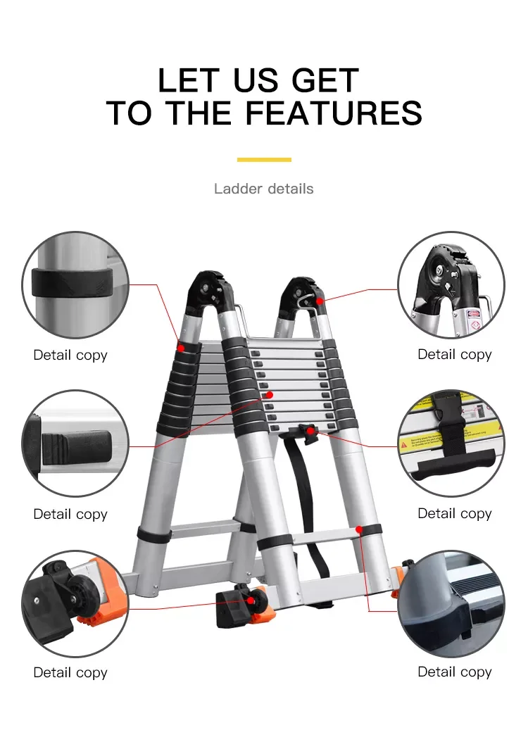 Telescopic Ladder a Frame Aluminum Extension Foldable Ladder with Stabilizer Bar Wheelsladder Rack