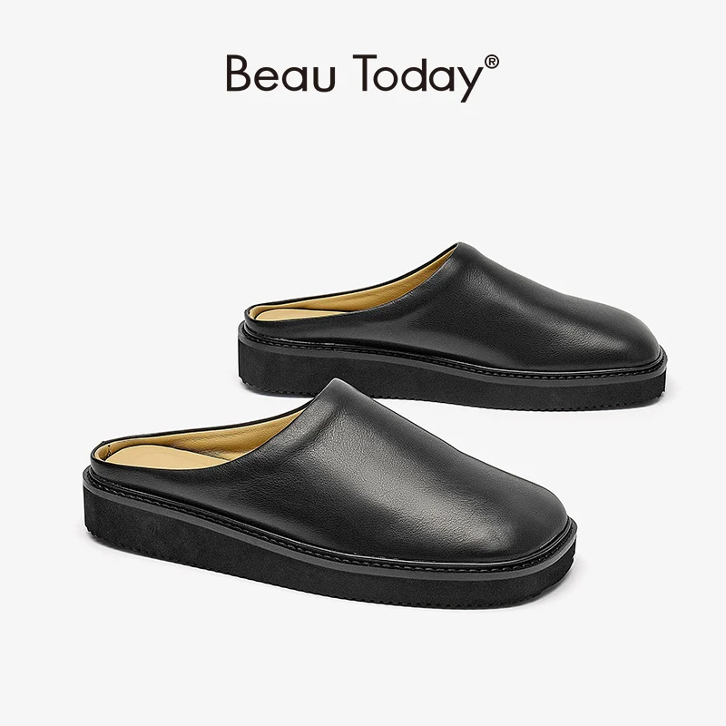 

BeauToday Summer Mules Women Genuine Calfskin Leather Round Toe Concise Outdoor Ladies Flat Slippers High Quality Handmade 36253