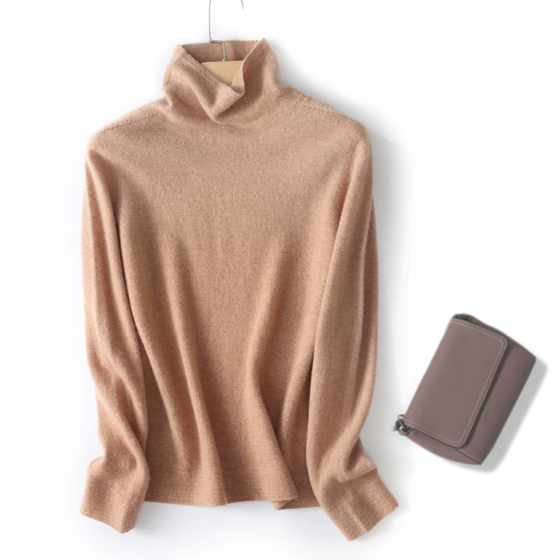 Spring Autumn Winter  Women Stacked neckline Pullover 100% Pure Wool Sweater Long Sleeve Worsted Wool Knit Breathable Tops