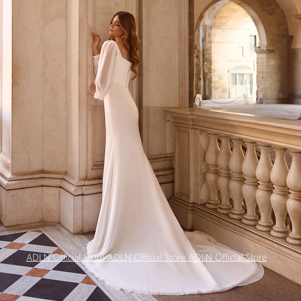 Customized Chiffon Mermaid Wedding Dress New Arrival Square Neck Puff Sleeves Beading Simple Bridal Gown Sweep Train