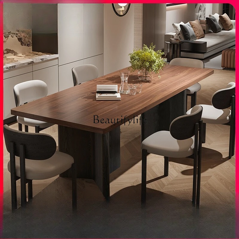 

Medieval black walnut rock slab thickened dining table rectangular retro simple modern tea table