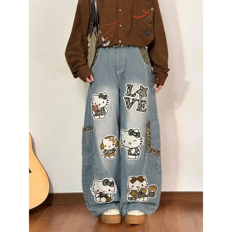 

Anime Hello Kitty Cartoon Embroidery Fashion Jeans Women's New Loose Wide Leg Pants Y2K Straight Trousers Casual Pants Gift