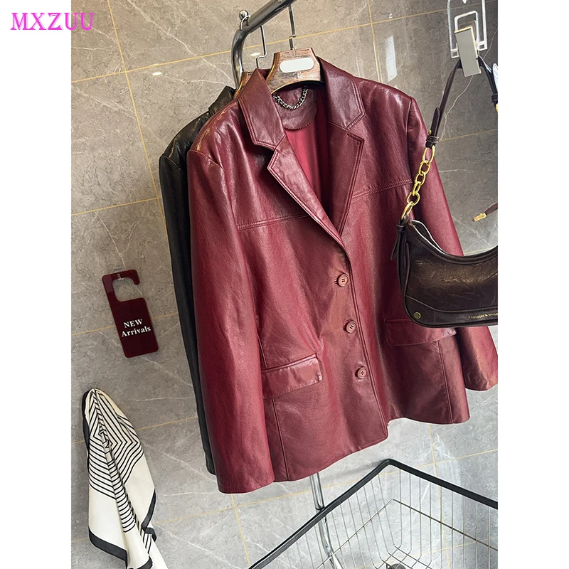 New Burgundy Clothes Autumn Women's Genuine Leather Jacket Waxed Sheepskin Lapel Single Breasted Loose Suit Coat Chamarras Dama