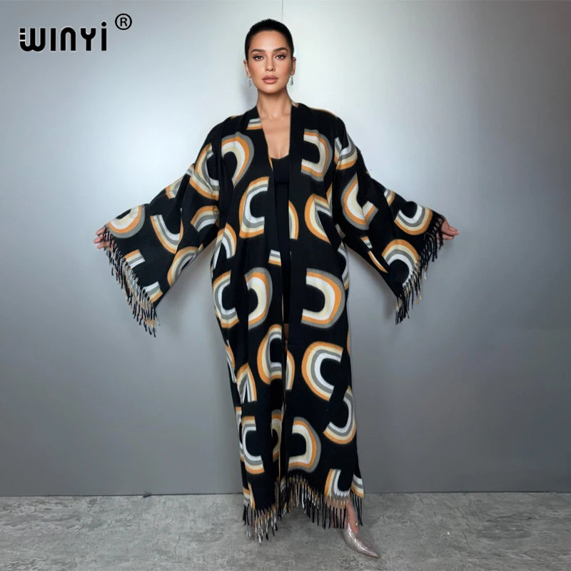 

WINYI Autumn Women tassel kimono print Long Coat Loose robe femme Thick Warm fashion winter open front kaftan abaya dubai luxury