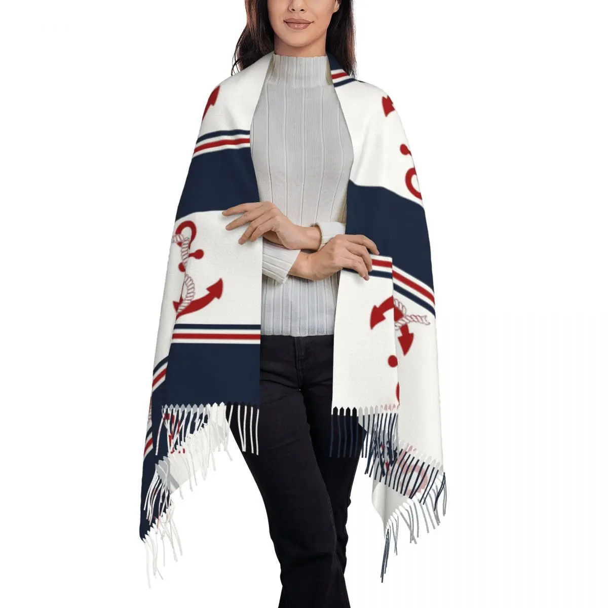 Nautical Blue And White Stripes With A Red Anchor Scarf Tassel Scarves Women Soft Warm Shawls and Wraps Fall Winter Shawl Wrap