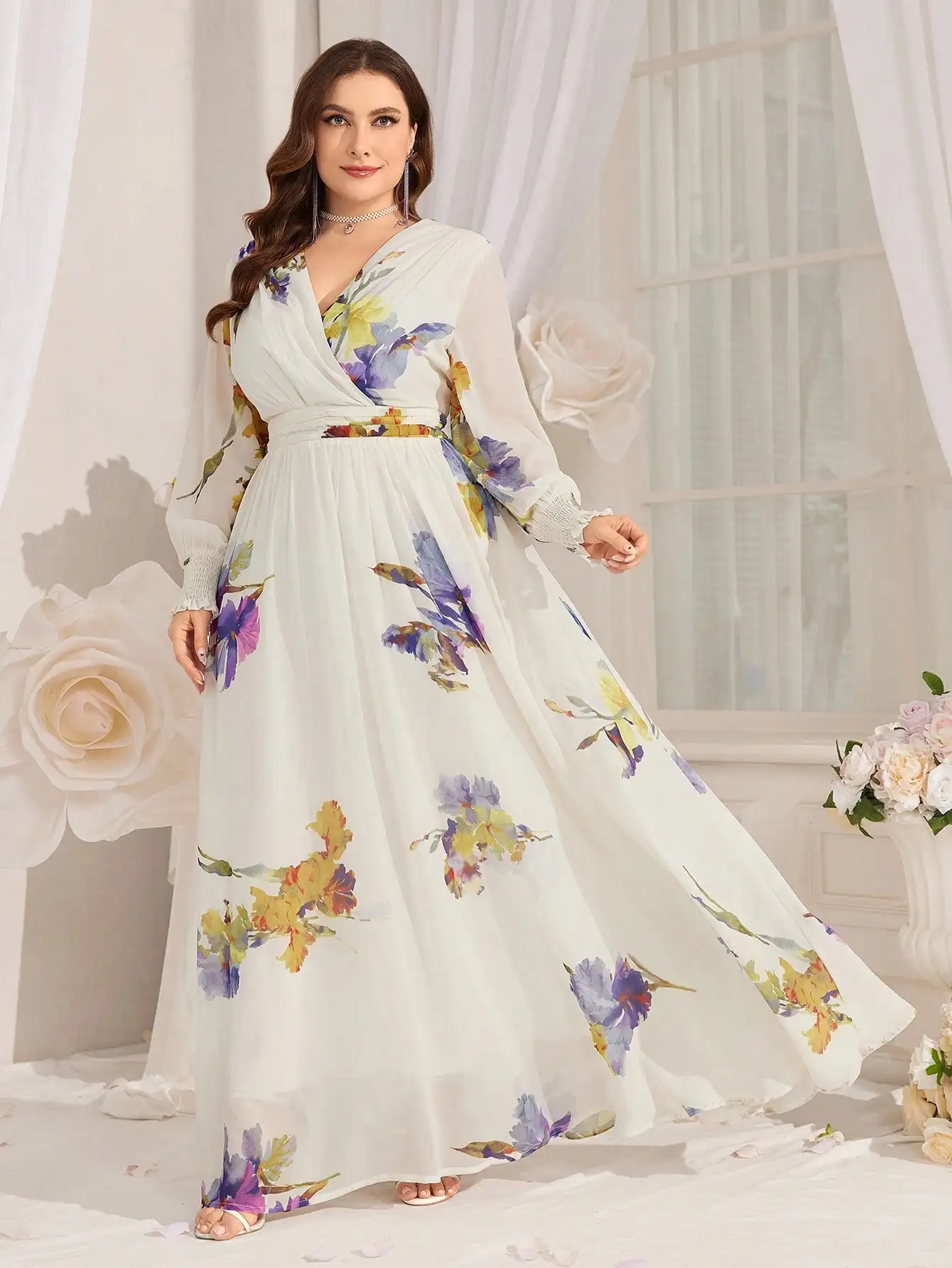 TOLEEN-Women Floral Print Pleat Evening Party Dress, Plus Size, V-Neck, Casual, Elegant, Holiday, Long Dresses, New, Summer 2024