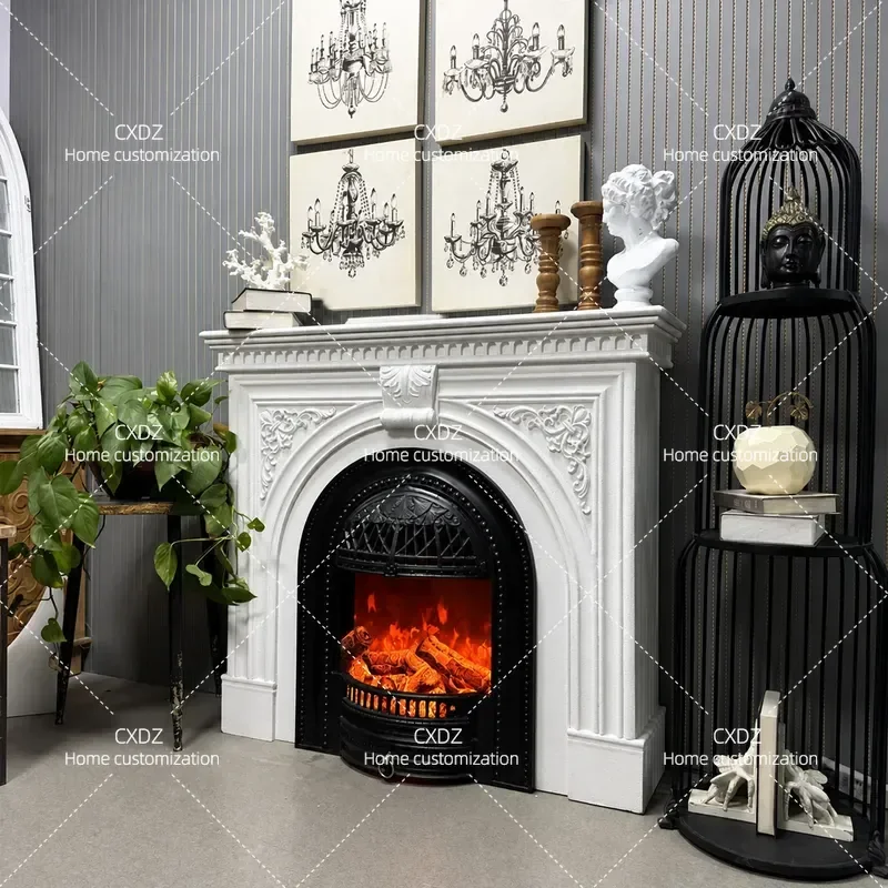 French Retro Carved Fireplace Cabinet Entrance Decorative Console Simulated Flame Electric Fire for Living Room European